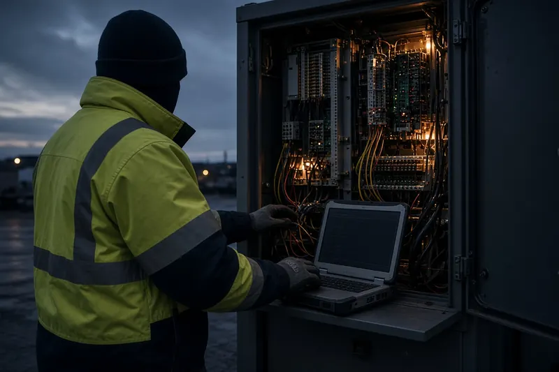 Technician working on an open charger cabinet at dusk